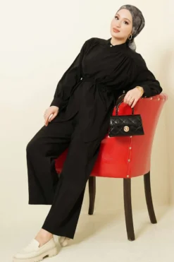 Alternative view of Asymmetrical Tie Belt Modal Two-Piece Set Black