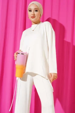 Alternative view of Asymmetric Cut Bike Neck Two-Piece Set Ecru