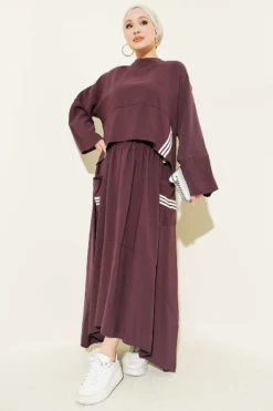 Asymmetrical Cut Striped Skirt Set Plum