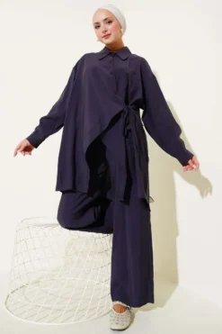 Asymmetrical Cut Tie-String Two-Piece Set Navy Blue