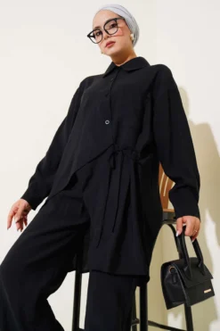 Alternative view of Asymmetrical Cut Tie-String Two-Piece Set Black