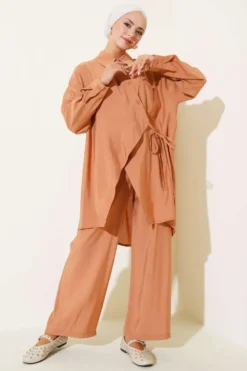 Alternative view of Asymmetrical Cut Tie-String Two-Piece Set Tan