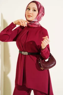 Asymmetrical Cut Belted Tunic Set Burgundy all'ingrosso clothing set view 2 - Hicabistan fabbrica Turchia