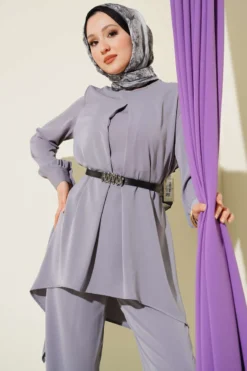 Asymmetrical Cut Belted Tunic Set Grey all'ingrosso clothing set view 2 - Hicabistan fabbrica Turchia