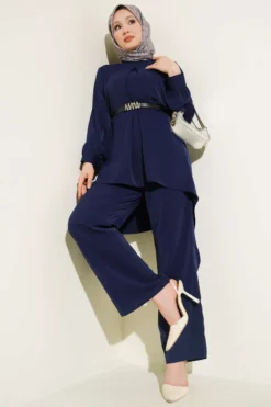 Asymmetrical Cut Belted Tunic Set Navy Blue all'ingrosso clothing set view 2 - Hicabistan fabbrica Turchia