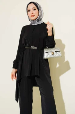 Asymmetrical Cut Belted Tunic Set Black all'ingrosso clothing set view 2 - Hicabistan fabbrica Turchia