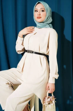 Asymmetrical Cut Belted Tunic Set Stone all'ingrosso clothing set view 2 - Hicabistan fabbrica Turchia