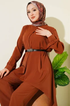 Asymmetrical Cut Belted Tunic Set Tan all'ingrosso clothing set view 2 - Hicabistan fabbrica Turchia