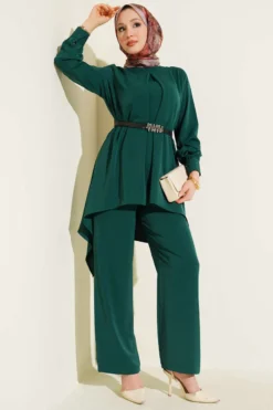 Asymmetrical Cut Belted Tunic Set Emerald all'ingrosso clothing set view 2 - Hicabistan fabbrica Turchia