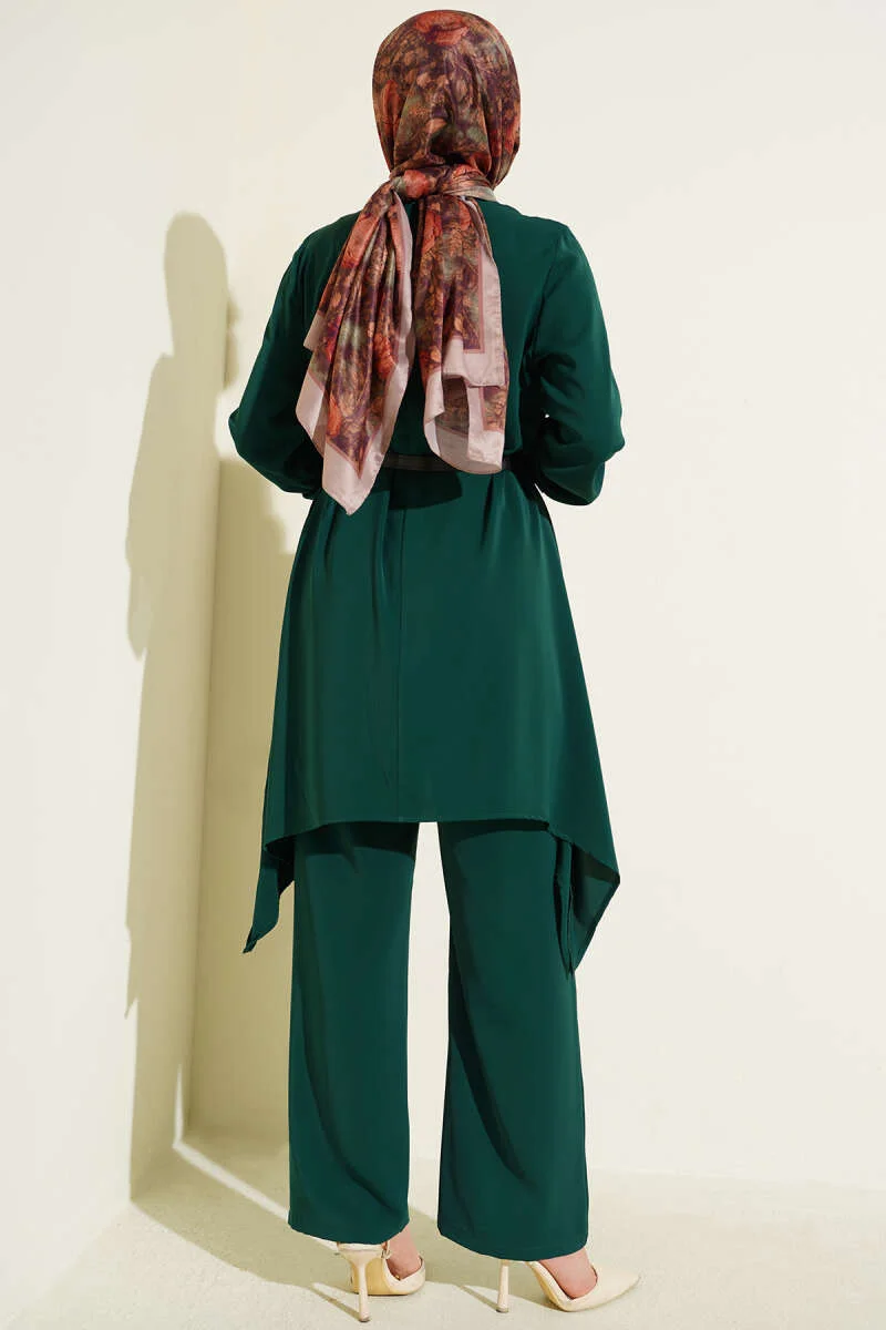Asymmetrical Cut Belted Tunic Set Emerald - Image 3