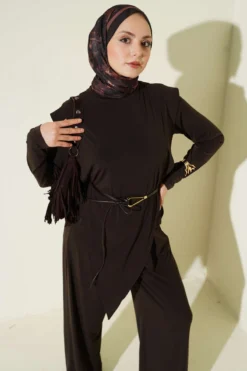 Alternative view of Asymmetrical Panelled Belted Sandy Two-Piece Set Brown