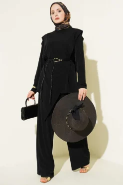 Alternative view of Asymmetrical Panelled Belted Sandy Two-Piece Set Black