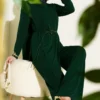 Asymmetrical Panelled Belted Sandy Two-Piece Set Emerald wholesale clothing set - Hicabistan Turkey factory