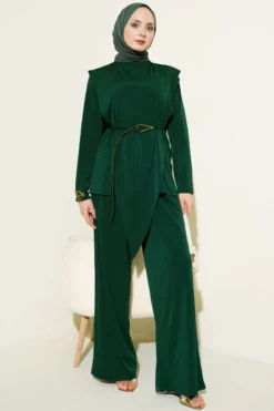 Alternative view of Asymmetrical Panelled Belted Sandy Two-Piece Set Emerald