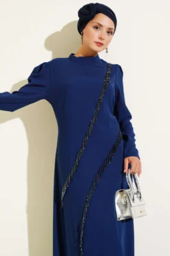 Alternative view of Asymmetrical Stone Transition Evening Dress Navy Blue