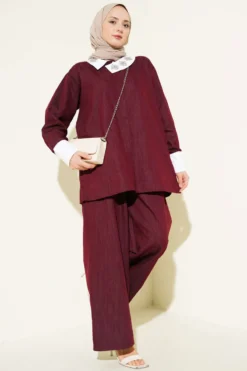 Asymmetric Stone Collar Hidden Button Two-Piece Set Burgundy wholesale clothing set view 2 - Hicabistan Turkey factory