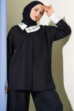 Asymmetric Stone Collar Hidden Button Two-Piece Set Navy Blue wholesale clothing set view 2 - Hicabistan Turkey factory