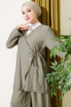 Alternative view of Asymmetric Side Tie Two-Piece Set Khaki