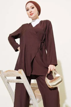 Alternative view of Asymmetric Side Tie Two-Piece Set Brown