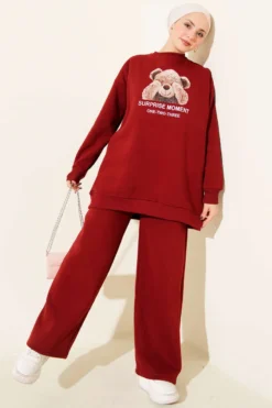 Bear Print Three-Piece Set Burgundy