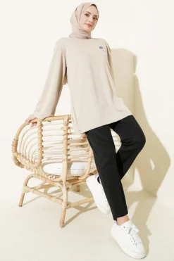 Bear Embroidered Long Tunic Beige