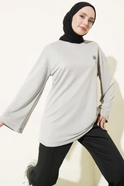 Bear Embroidered Long Tunic Grey