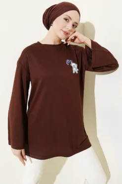Bear Embroidered Long Tunic Brown