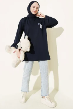 Alternative view of Bear Embroidered Long Tunic Navy Blue