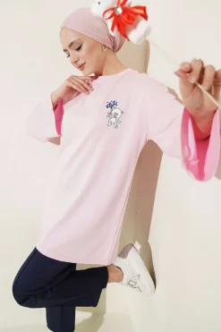 Bear Embroidered Long Tunic Pink