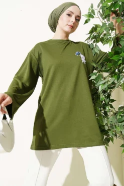 Bear Embroidered Long Tunic Green