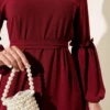 Gathered Sleeve Dress Burgundy بالجملة dress view 4 - Hicabistan مصنع تركيا
