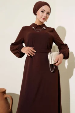 Gathered Sleeve Dress Brown al por mayor dress view 2 - Hicabistan fábrica Turquía