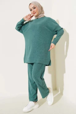 Basic Tunic Two-Piece Set Green wholesale clothing set - Hicabistan Turkey factory