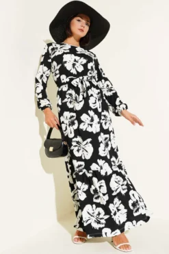Brocade Floral Belted Dress Black