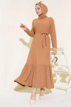Gathered Belted Midi Dress Camel