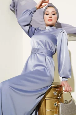 Alternative view of Basic Satin Dress with Drawstring Belt Grey