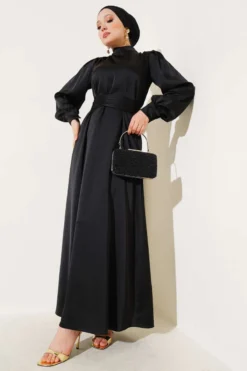 Basic Satin Dress with Drawstring Belt Black