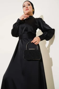 Alternative view of Basic Satin Dress with Drawstring Belt Black