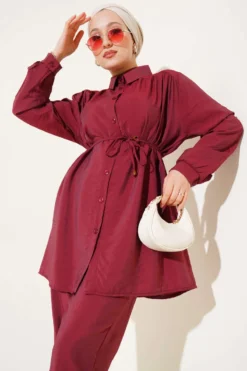 Alternative view of Gathered Tie Belt Basic Two-Piece Set Burgundy