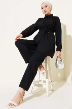 Alternative view of Gathered Tie Belt Basic Two-Piece Set Black