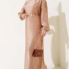 Gathered Pleated Belted Dress Beige
