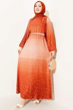 Gathered Pleated Belted Dress Brick Red