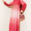 Gathered Pleated Belted Dress Coral
