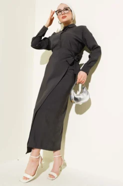 Tie Detail Skirted Tencel Two-Piece Set Anthracite wholesale clothing set - Hicabistan Turkey factory