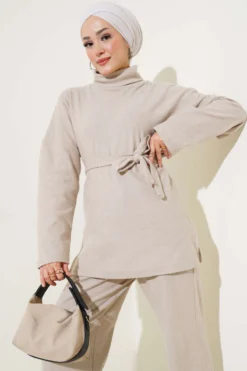 Fisherman Neck Ribbed Belted Two-Piece Set Beige wholesale clothing set view 2 - Hicabistan Turkey factory