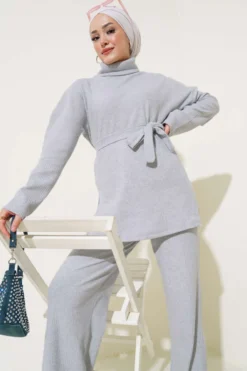 Fisherman Neck Ribbed Belted Two-Piece Set Grey wholesale clothing set view 2 - Hicabistan Turkey factory