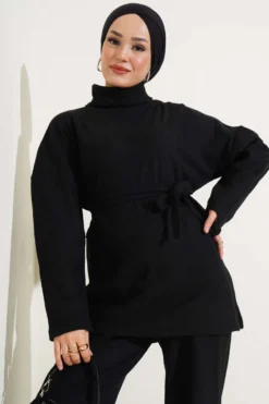 Fisherman Neck Ribbed Belted Two-Piece Set Black wholesale clothing set view 2 - Hicabistan Turkey factory
