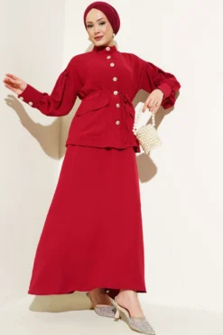 Balloon Sleeve Waist Tie Two-Piece Set Burgundy Großhandel clothing set - Hicabistan Türkei Fabrik