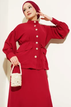 Balloon Sleeve Waist Tie Two-Piece Set Burgundy Großhandel clothing set view 2 - Hicabistan Türkei Fabrik