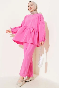 Balloon Sleeve Ruffled Parachute Two-Piece Set Pink en gros clothing set - Hicabistan usine Turquie